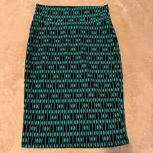 LuLaRoe Womens Pencil Skirt Size Small Black Teal Geometric Stretch Midi Skirt